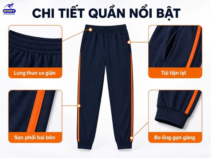 Quần xanh navy được thiết kế theo kiểu quần thể thao dài, có cạp chun co giãn giúp dễ mặc và tạo cảm giác thoải mái.
