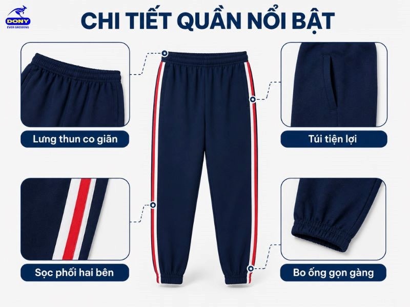 Quần thể thao dáng dài, ống suông hơi ôm nhẹ và bo chun ở gấu, hỗ trợ vận động mà vẫn giữ vẻ gọn gàng.