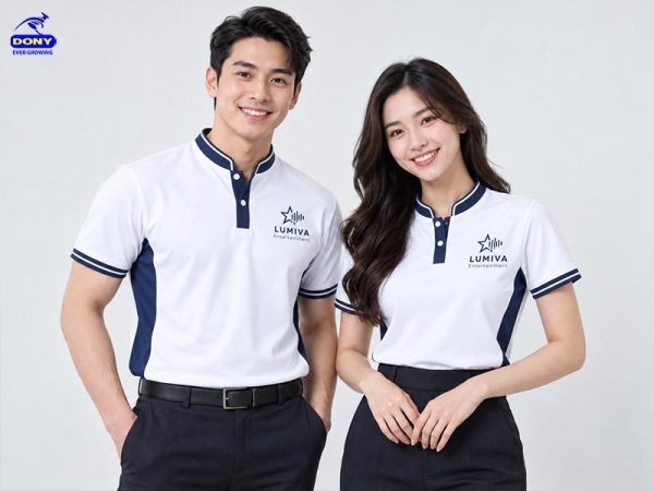 Áo thun đồng phục cổ trụ trắng và xanh dương