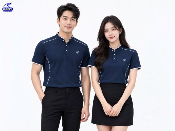 Áo thun đồng phục cổ tru xanh than phối viền