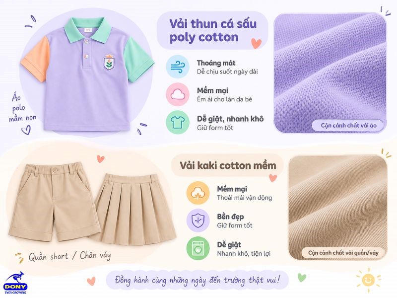 Chất liệu mẫu đồng phục mầm non phối màu pastel