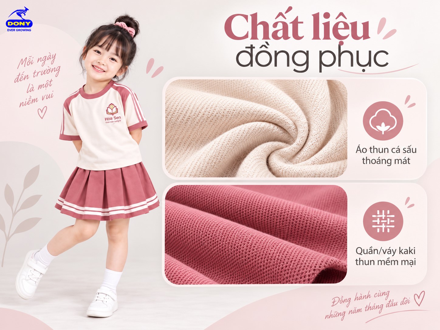 Chất liệu đồng phục mầm non phối hồng