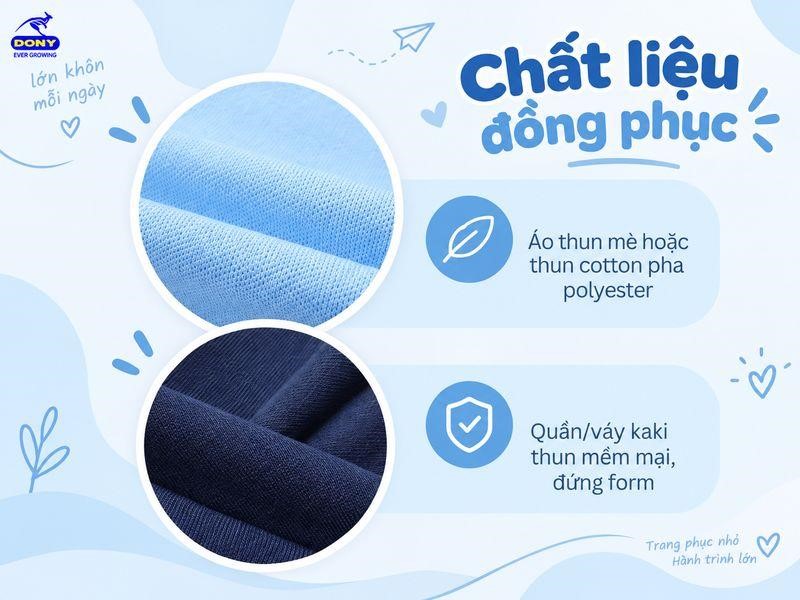 Chất liệu đồng phục mầm non xanh dương phối xanh navy
