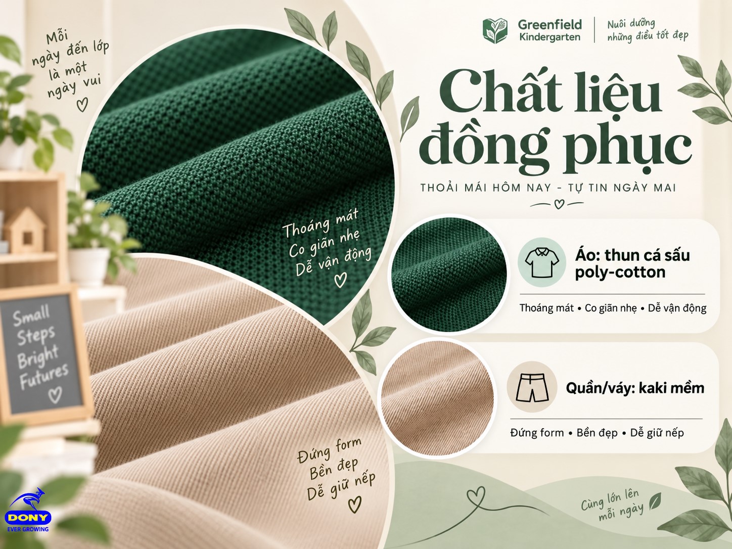 Chất liệu đồng phục mầm non xanh rêu phối be