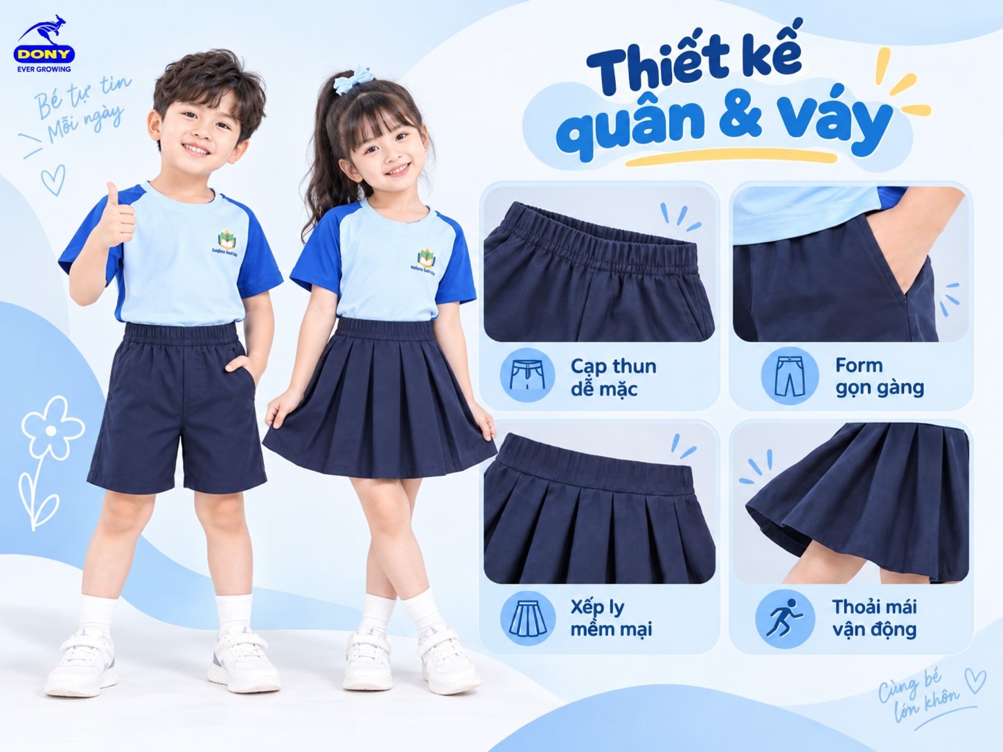 Thiết kế đồng phục mầm non xanh dương phối xanh navy