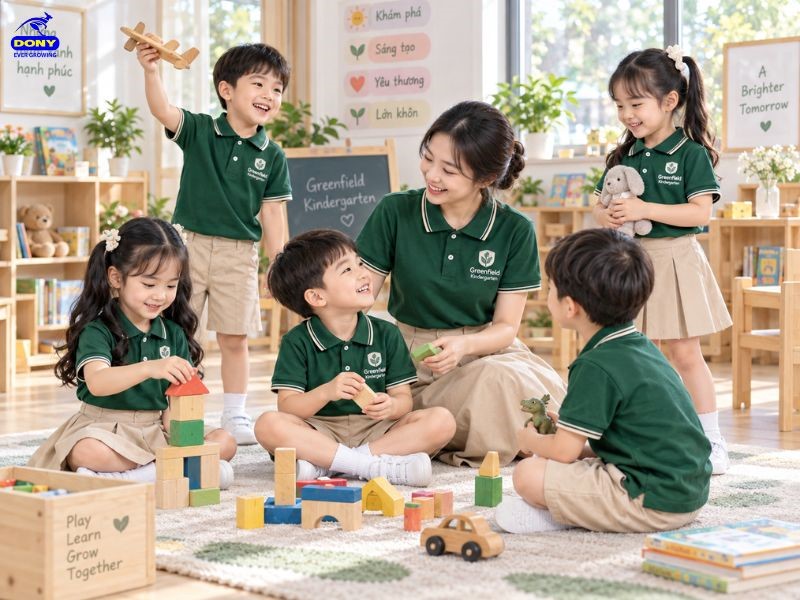 Đường may đồng phục mầm non xanh rêu phối be