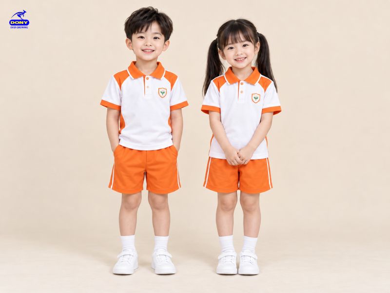 Đồng Phục Mầm Non Cổ Polo Màu Cam Phối Trắng Xinh Xắn