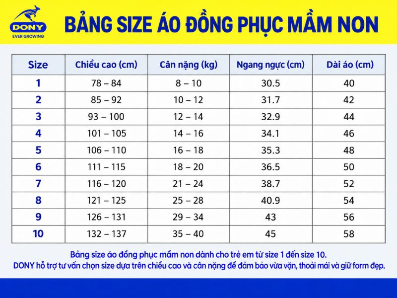 size ao dong phuc mam non