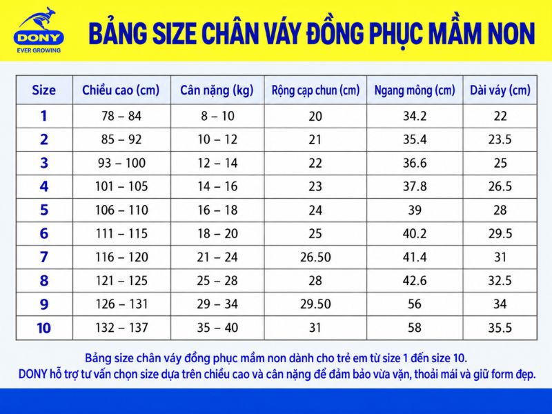 size chan vay dong phuc mam non
