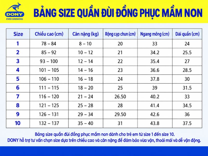 size quan dui mam non