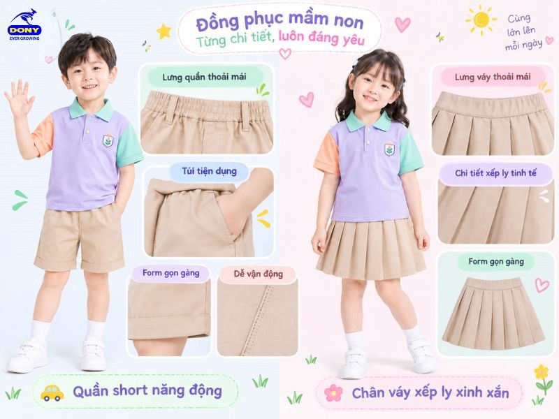 Thiết kế chân váy và quần đùi mẫu đồng phục mầm non màu pastel