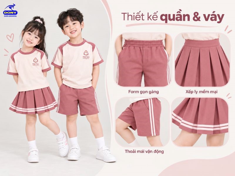 Thiết kế quần và chân váy mẫu đồng phục mầm non phối hồng